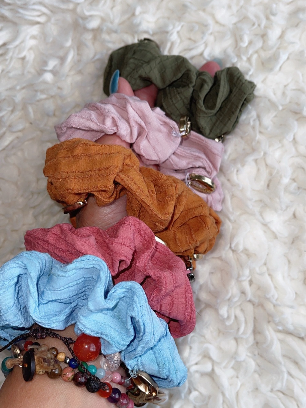 Women’s Cotton-Blend Scrunchie Set - Pink, Olive, Rust, Coral, Sky Blue